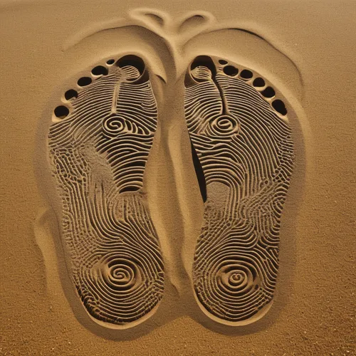 Create a romantic setting where two lovers share a shoe mark imprint on the sand as a symbol of their connection.,footprint,footprints in the sand,footprints,footprint in the sand,baby footprint,ecolo