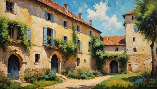 tuscan,volterra,village scene,l'isle-sur-la-sorgue,italian painter,street scene,oil painting,home landscape,provence,old village,hacienda,vizcaya,aix-en-provence,stone houses,medina,church painting,oil painting on canvas,mediterranean,painting technique,private estate