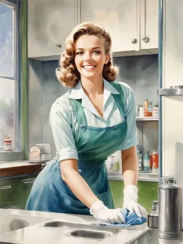 a sexy-looking cleaning lady. Strong hairy arms. The scene is framed by a white background, which gives the picture a touch of blue and green.,washing dishes,cleaning woman,domesticity,housework,girl 