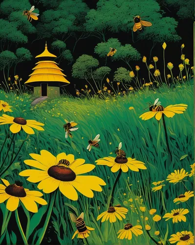 rudbeckia,rudbeckia nitida,rudbeckia nidita,rudbeckia fulgida,bee house,bee farm,yellow garden,bee colony,bee-dome,yellow daisies,sunflowers in vase,buttercups,helianthus,yellow bell,bee colonies,golden pavilion,helianthus occidentalis,flower dome,mushroom landscape,yellow sun hat,Conceptual Art,Sci-Fi,Sci-Fi 14