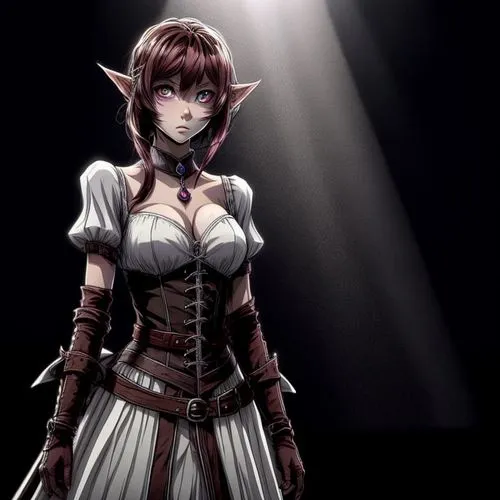 in a dark anime art style. A male with long black hair stands behind an elven woman with short red hair,Under the Spot Light,female elf,red hair,dark anime,steampunk