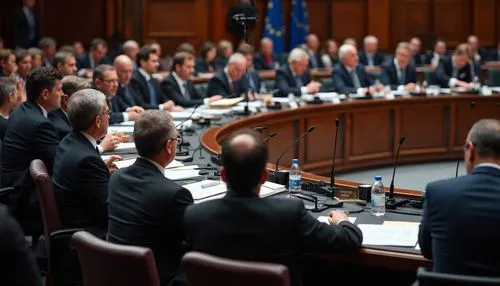 "A lively political debate taking place in the European Parliament in Brussels. Various political figures, dressed in formal attire, are engaged in a heated discussion, showing expressions of passion 