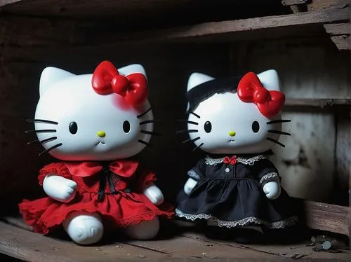 Cute but eerie Hello Kitty, Sanrio characters, black cat ears, red bow, white fur, glow-in-the-dark eyes, creepy smile, torn and worn clothing, old vintage toys, abandoned dolls, haunted porcelain, sp