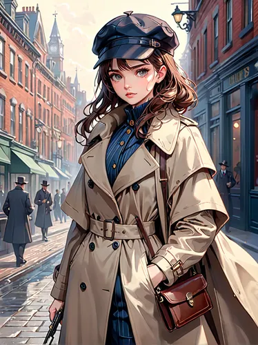 detective,steampunk,french digital background,victorian lady,overcoat,winterblueher,trench coat,victorian,girl in a historic way,female doctor,anime japanese clothing,coat,investigator,sherlock holmes