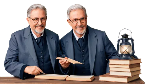 Older man, bespectacled, grey hair, white beard, wise expression, bookshelf background, leather-bound books, scrolls, quill pen, inkwell, wooden desk, lantern lighting, warm color tone, shallow depth 