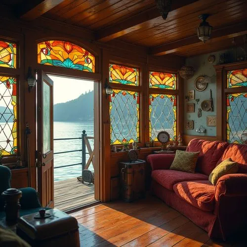 Vibrant boathouse, waterfront, lake, tranquil atmosphere, wooden dock, reflections on calm water, warm sunlight filtering through colored glass windows, stained glass patterns, Art Nouveau style, orna