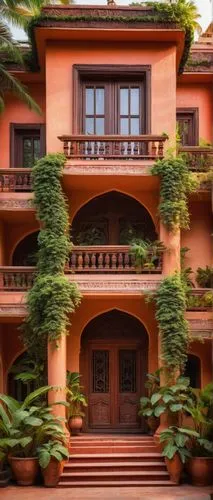 Duplex house, Indian architectural style, modern twist, vibrant colors, intricate carvings, ornate doorways, large windows, balconies with intricate railings, red terracotta tiles, sloping roofs, lush