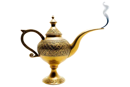 Aladdin's lamp, Middle Eastern style, golden metallic, intricate patterns, curved handle, narrow spout, magic smoke effects, soft warm lighting, 3/4 composition, shallow depth of field, ornate details