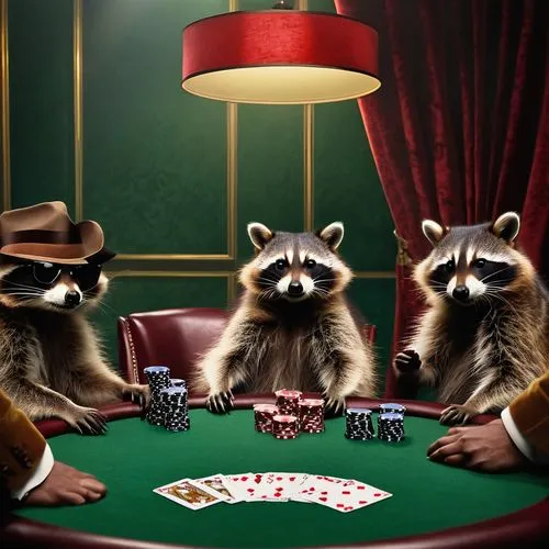 Raccoons, 3-4, poker game, green tablecloth, dim red lighting, cigar smoke, whiskey glasses, poker chips, cards, sunglasses, fedora hats, suspenders, casual clothing, leather armchairs, velvet curtain