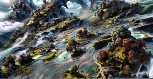 mountain settlement,northrend,mountain world,mountain spring,mountain tundra,fantasy landscape,karst landscape,ice landscape,mountain scene,mountain landscape,mountainous landscape,mountain plateau,world digital painting,mountain village,mountain stream,elven forest,thermokarst,glacier cave,alpine crossing,ice castle