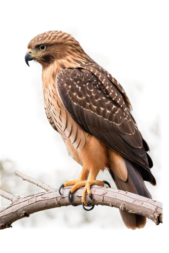 Young hawk bird, brown feathers, sharp talons, strong wings, fierce eyes, slight wind blowing through feathers, perched on branch, morning sunlight, shallow depth of field, warm color tone, 3/4 compos