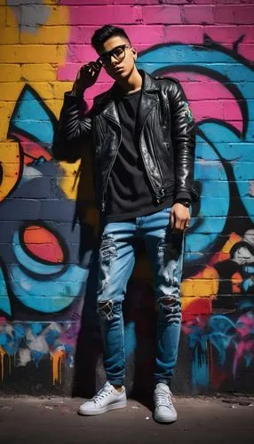 Urban graffiti artist, young adult, male, trendy haircut, bold black-framed glasses, ripped denim jeans, black leather jacket, spray paint can in hand, standing, leaning against a vibrant colorful wal