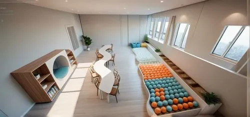 For children, there is a rounded table and chairs, and there is a nightstand on the left and a ball pool on the right,modern room,smart home,penthouse apartment,sky apartment,loft,hallway space,interi