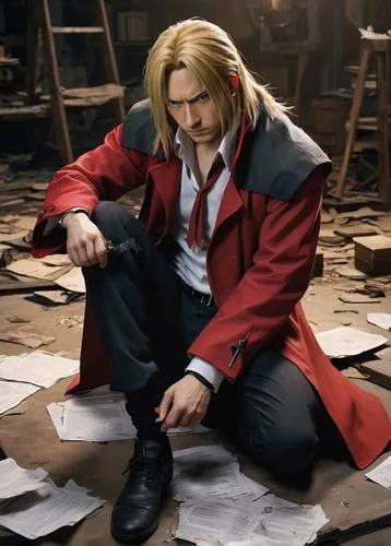 fullmetal alchemist edward elric,sanji,cosplay image,kingpin,red coat,quill,tangelo,blonde sits and reads the newspaper,ocelot,red russian,cosplay,vladimir,man in red dress,male character,thor,my hero academia,leonardo,hatter,sits on away,iron blooded orphans,Illustration,Japanese style,Japanese Style 14