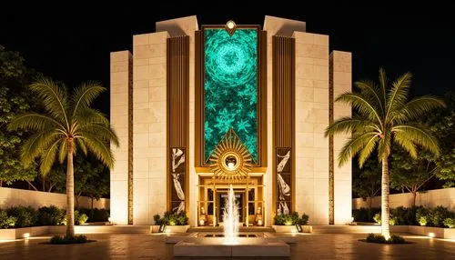 Opulent Art Deco monument, lavish gold accents, rich bronze tones, luxurious marble surfaces, vibrant turquoise mosaics, bold geometric patterns, ornate metalwork details, sunburst motifs, stylized fl