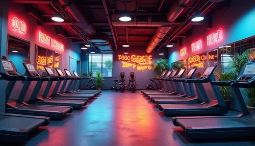 Vibrant fitness club interior, energetic atmosphere, bold color scheme, neon accents, motivational quotes, modern exercise equipment, rubber flooring, mirrored walls, high ceilings, dynamic lighting, 