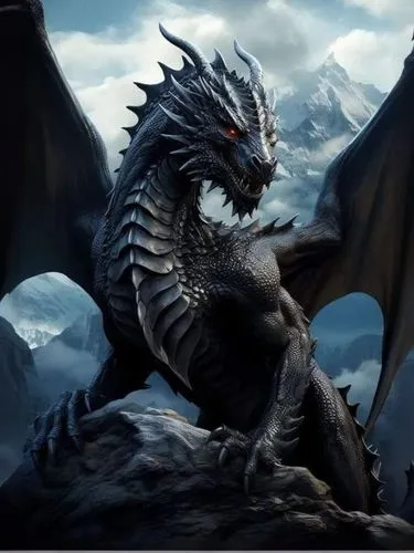 a dragon sitting on top of a rock,black dragon,dragon of earth,dragones,midir,lorian,glaurung