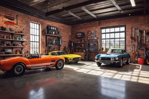 Modern industrial-style garage interior, concrete floor, metallic shelves, wooden workbench, scattered tools, vintage car parts, dim overhead lighting, warm spotlights, brick walls, steel beams, rusti