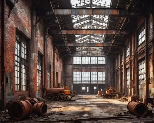 Industrial urban foundry architecture, old brick walls, metallic beams, rusty machinery, concrete floors, steel pipes, dimly lit interior, warm color tone, vintage factory atmosphere, abandoned feel, 