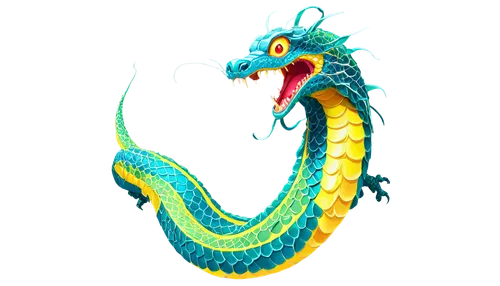 Hydra, cartoon, fantasy creature, serpent body, multiple heads, colorful scales, shiny eyes, fierce expression, dynamic pose, twisting body, mythical atmosphere, vibrant colors, soft shading, whimsica