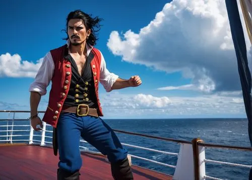 Male, muscular, pirate, one-piece costume, red vest, white shirt, blue pants, black boots, bandana, scars on face, strong jawline, piercing brown eyes, spiky black hair, confident posture, standing on