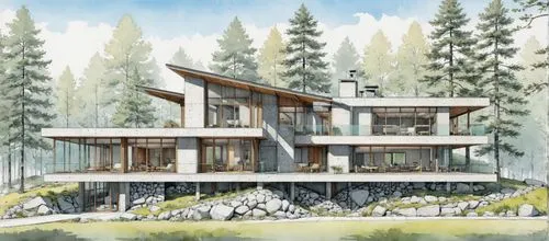 a rendering of an artistic architectural design for a house,forest house,house in the forest,house with lake,mid century house,house drawing,the cabin in the mountains,Unique,Design,Blueprint