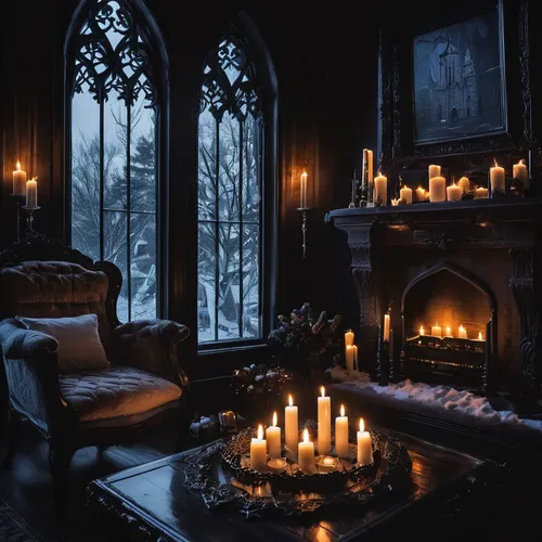 dark gothic mood,candlelights,gothic style,burning candles,candlelight,candles,gothic,a dark room,black candle,ornate room,witch house,gothic architecture,haunted cathedral,candle light,witch's house,candle wick,candlemaker,fireplaces,dark cabinetry,gothic portrait,Illustration,Realistic Fantasy,Realistic Fantasy 46