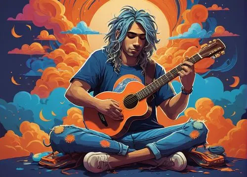 guitar,cavaquinho,painted guitar,guitar player,2d,guitar solo,guru,playing the guitar,musician,concert guitar,art bard,the guitar,guitarist,vector illustration,electric guitar,bard,indigo,meditation,ukulele,vector art,Conceptual Art,Fantasy,Fantasy 09