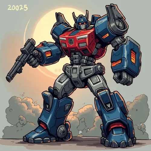 變形金剛,a cartoon robot holding a gun near the sun,lagann,bluestreak,semiprime,ironhide,tankor,soundwave