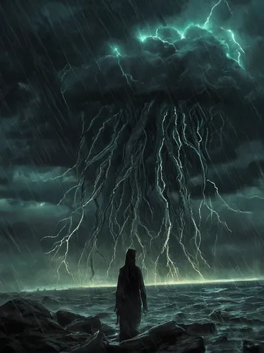 thunderstorm,nature's wrath,strom,thunderstorm mood,storm,sea storm,lightning storm,rainstorm,san storm,monsoon,the storm of the invasion,thunderclouds,uprooted,thunder,poseidon,turmoil,sci fiction illustration,god of the sea,doomsday,thundercloud,Illustration,Realistic Fantasy,Realistic Fantasy 47