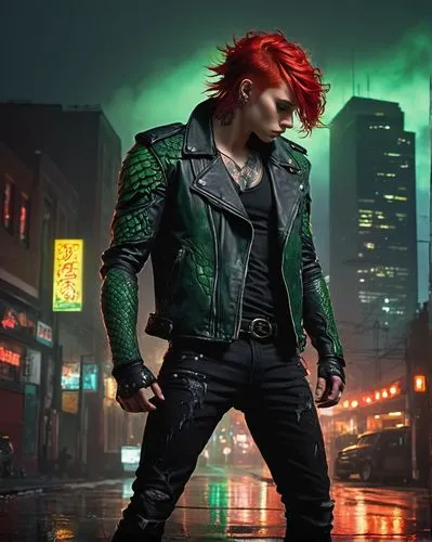 Dragonoid human, half-dragon half-human, strong muscular body, scales on arms and legs, fiery red hair, piercing green eyes, sharp claws, intricate dragon-inspired tattoos, black leather jacket, rippe