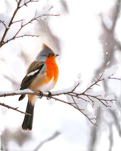 Winter scenery, snow-covered trees, small birds, solo, perched on branch, fluffy feathers, bright eyes, orange beak, wings slightly open, gentle pose, warm lighting, soft focus, shallow depth of field