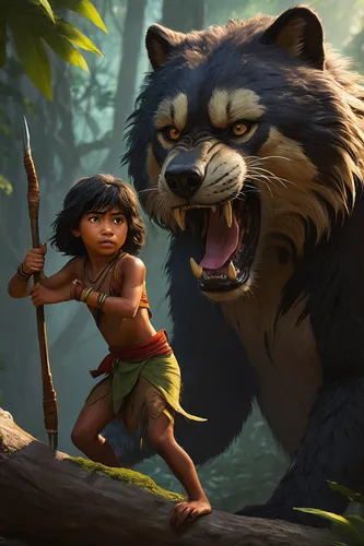 mowgli,moana,tarzan,forest king lion,barbarian,sumatran,bear guardian,cub,ursa,grizzlies,sloth bear,stone age,hercules,prehistory,warrior and orc,west siberian laika,hunting scene,polynesian girl,polynesian,tamarin,Conceptual Art,Fantasy,Fantasy 16