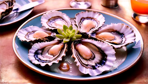 Oysters, opened shells, succulent flesh, pearl inside, half-shell, silver plate, gourmet food, fine dining, restaurant setting, soft focus, shallow depth of field, warm lighting, cinematic composition