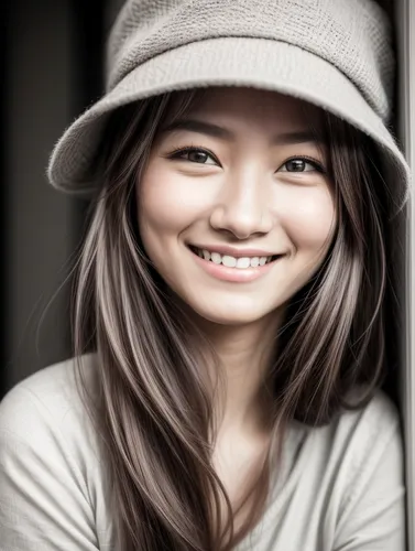 Pretty, mildly smiling face. High resolution photography.,a close up of a person wearing a hat,girl wearing hat,cornelisse,melody,kreuk,a girl's smile,vietnamese woman,portrait background,charice,brow