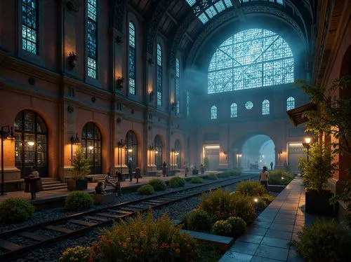 Majestic Gothic train station, grandiose arches, ornate stone carvings, mystical stained glass windows, intricate ironwork, lush greenery, vibrant flowers, misty foggy atmosphere, industrial metal bea