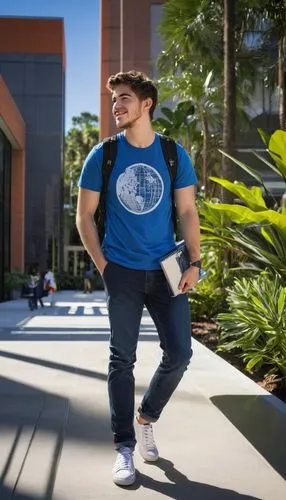 Male student, 20s, bachelor of design, Architecture University of Florida, casual wear, graphic t-shirt, dark jeans, sneakers, backpack, laptop, notebooks, pencils, ruler, compass, sitting, studying, 