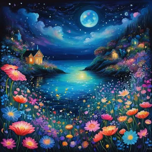 fairy galaxy,fairy world,sea of flowers,moonlit night,starry night,the night of kupala,mermaid background,dreamland,sea night,fairy forest,flower painting,fantasy art,dream world,night stars,colorful stars,moon and star background,forest of dreams,art painting,oil painting on canvas,night scene,Illustration,Realistic Fantasy,Realistic Fantasy 37