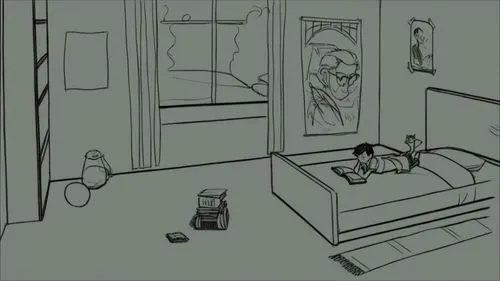 a person laying on top of a bed in a room,room,empty room,bedroom,bad dream,bedrooms,boy's room picture,Illustration,Black and White,Black and White 08