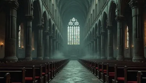 Gothic cathedral, grand interior, stained glass windows, intricate stone carvings, ornate columns, vaulted ceilings, ribbed arches, dramatic lighting, mysterious atmosphere, dark wood pews, red velvet