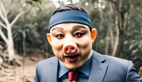 Wearing a suit and pig ears walking in the wild.,mime,mime artist,gnome,clown,scary clown,scandia gnome,creepy clown,pinocchio,pyro,ape,cangaroo,horror clown,robber,pubg mascot,hon khoi,mr,ceo,balloon