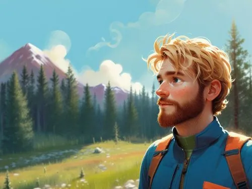 a 2d drawing, vector style of a 30 year old man. He has brown hairs and a brown beard,a po of a man with a beard and yellow hair standing in front of some trees and mountains,hiker,bunyan,the spirit o