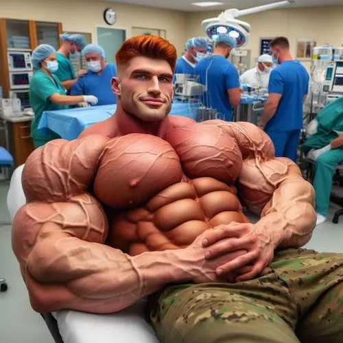 A very muscular soldier with red hair is in a hospital room, waiting for his surgery!,vitalyevich,musclebound,physiques,ferrigato,body building,edge muscle