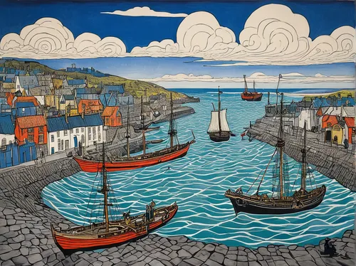 david bates,olle gill,wherry,breton,boats in the port,caquelon,brixham,husavik,fishing boats,clovelly,sailing boats,vincent van gough,seaport,motif,folk art,kirkenes,nubble,saint pierre,regatta,carol colman,Art,Artistic Painting,Artistic Painting 50