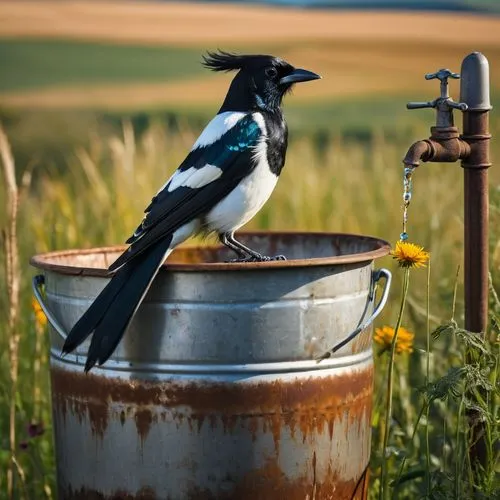 airbrush glossy image of a magpie bird perched on the edge of a rusty bucket and looking toward the tap with an open beak. The bucket is placed on the ground among tall grasses and wildflowers. In the