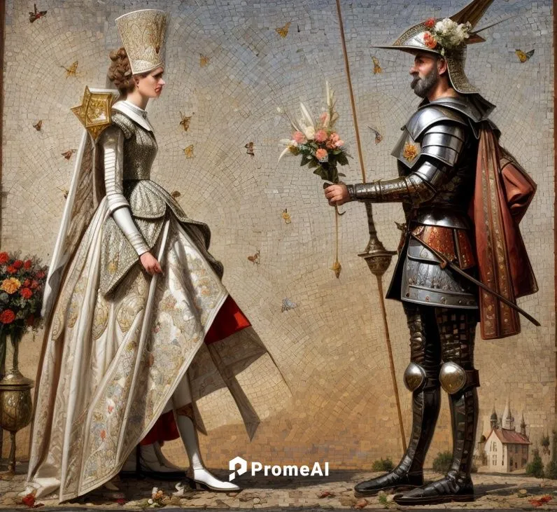 highly detailed Soviet mosaic art, Don QUIXOTE in armor, with an open visor and a large mustache, gives flowers to the white chess queen in an expensive medieval dress and high headdress. The couple s