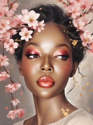 black woman, A stunning postmodern abstract watercolor masterpiece, gradient colors contrast beautifully with the light beige background. several golden flowers are artfully integrated to her head, an