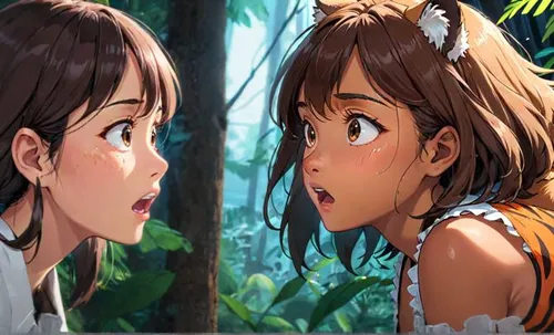 anime cartoon,my neighbor totoro,anime 3d,studio ghibli,honmei choco,chestnut tiger,monsoon banner,two girls,tigers,tropical animals,the girl's face,cocoa,surprised,tigerle,choco,cartoon forest,anime,euphonium,anime manga,hierochloe