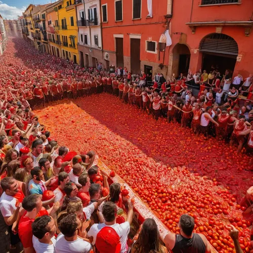 La Tomatina festival dates back to 1945 when the food fight started spontaneously during a parade — Filimonov / Shutterstock La Tomatina London,the sea of red,roma tomatoes,pappa al pomodoro,red tomat