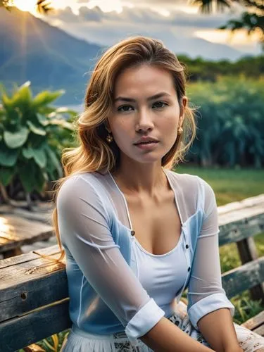 asian woman sitting on wooden bench outside posing for pograph,a woman sits on a wooden bench posing for the camera,laotian,zarkasih,vietnamese woman,cambodiana,filipino,vietnamese,Photography,General